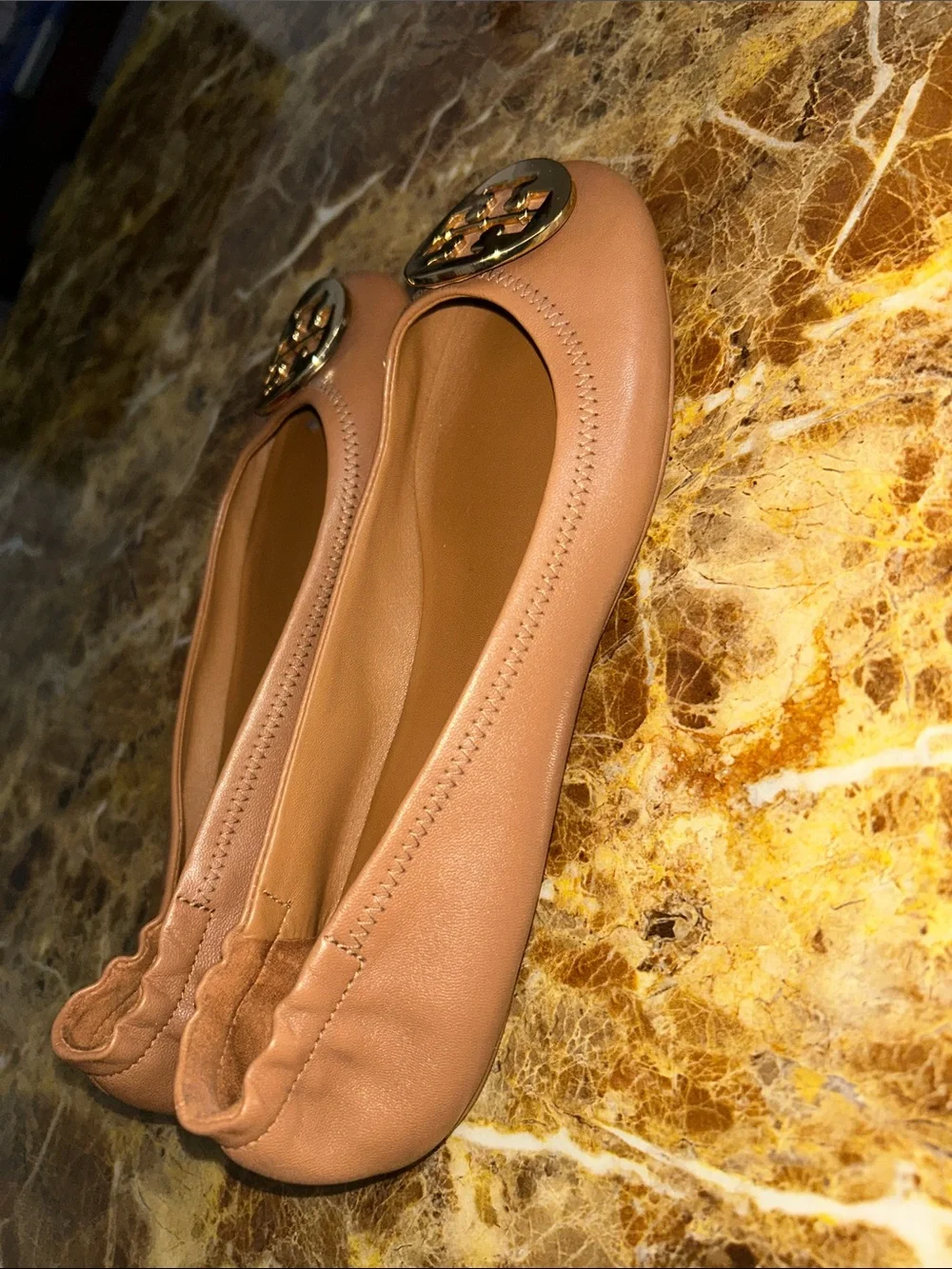 Tory Burch Camel Leather Logo Ballet Flats